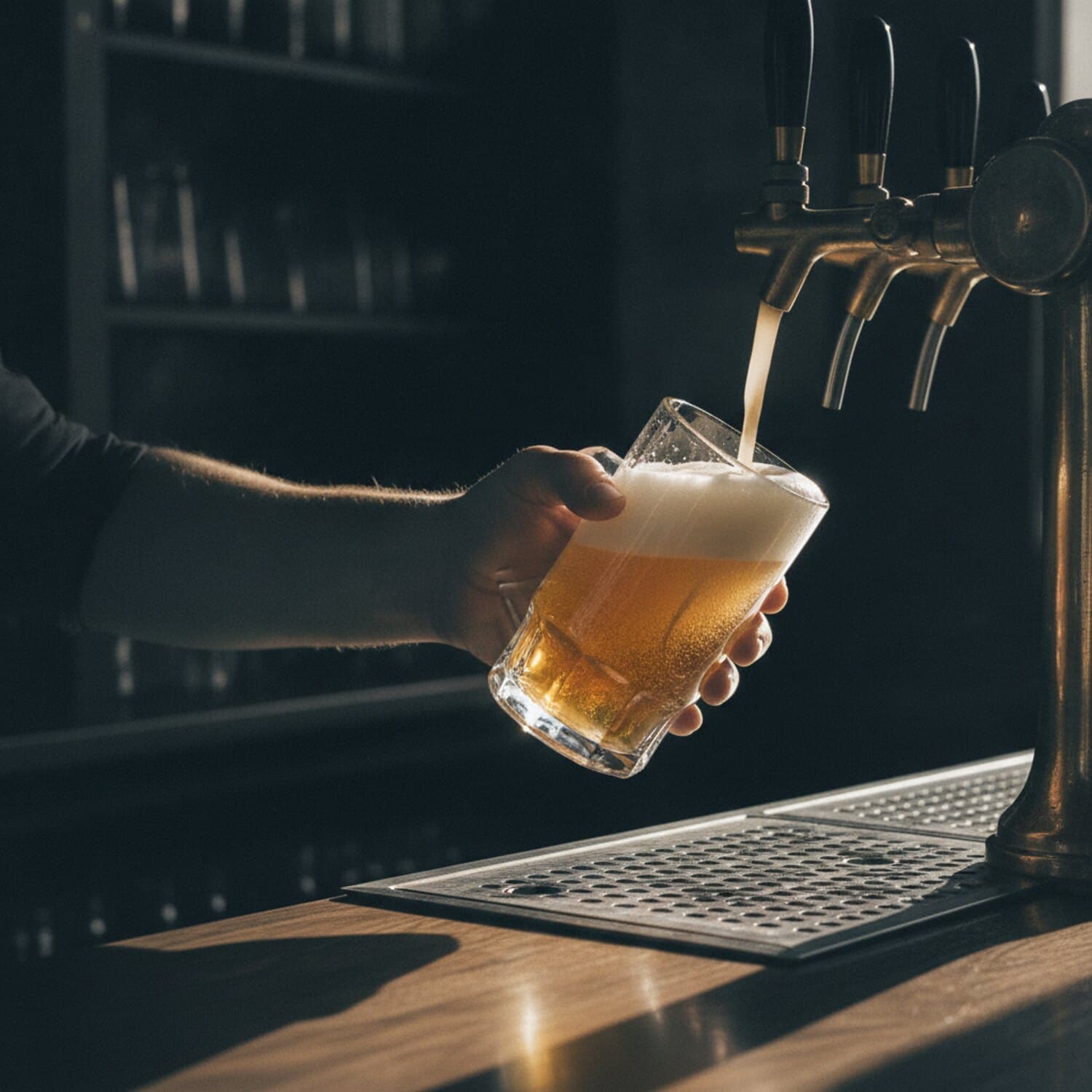 Helles Bier läuft aus einem Messinghahn in einen schräg gehaltenen Glaskrug