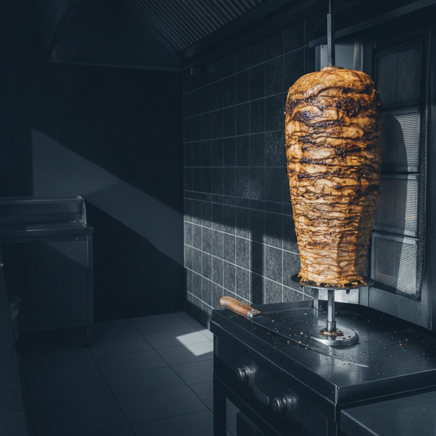 Senkrechter Gyros-Spiess in einer Gasthausküche, das Fleisch bräunt an der Aussenseite