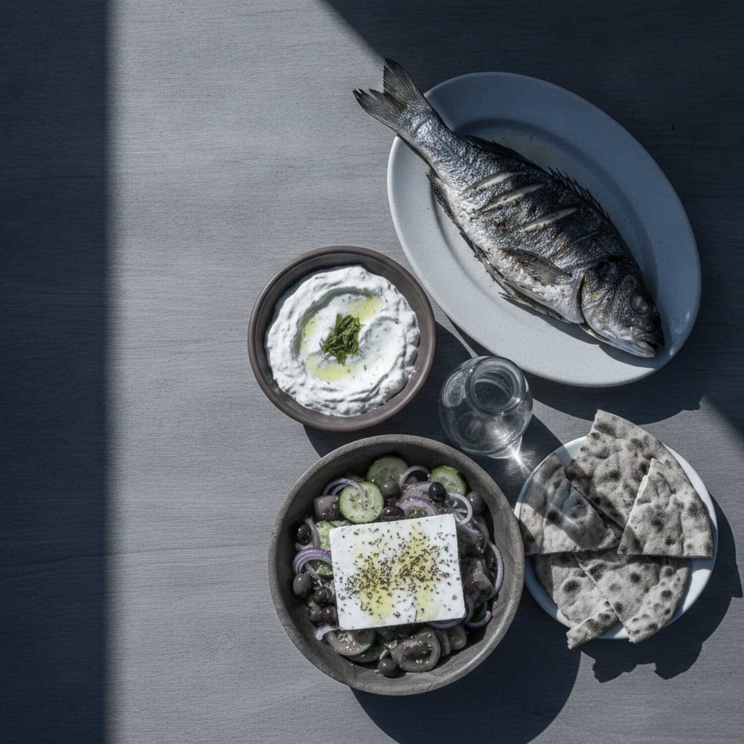 Griechische Gerichte von oben auf einem Holztisch: gegrillter Fisch, ein Joghurt-Dip, Tomatensalat mit Feta und Fladenbrot